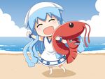  :d ^_^ beach blush closed_eyes dress enoya-eno hat ikamusume mini-ikamusume ocean open_mouth shinryaku!_ikamusume shrimp smile solo 