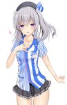  blue_eyes employee_uniform hat kantai_collection kashima_(kantai_collection) lawson long_hair shirt silver_hair solo striped striped_shirt takeyuu twintails uniform vertical-striped_shirt vertical_stripes 