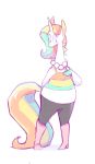  2018 absurd_res anthro clothed clothing colored_sketch digital_media_(artwork) equine female full-length_portrait hair hi_res hooves horn jewelry late_bloomicorn looking_away mammal multicolored_hair multicolored_tail necklace nine-doodles pearl_necklace pigeon_toed portrait rainbow_hair rainbow_tail simple_background slightly_chubby solo standing unicorn white_background 