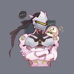  1boy 2016 artist_name bird cottonwings crossover cyborg genji_(overwatch) male_focus mask onomatopoeia overwatch pokemon pokemon_(game) pokemon_sm ponytail rowlet spoken_ellipsis 