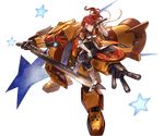  bangs black_pants boots coattails freckles full_body gemini_sunrise gloves granblue_fantasy gunblade hair_between_eyes holding holding_sword holding_weapon koubu lavender_eyes long_hair mecha military military_uniform minaba_hideo official_art open_mouth pants ponytail red_hair sakura_taisen sitting smile solo star sword transparent_background uniform weapon white_footwear 