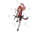  :d black_pants boots coattails erica_fontaine feathers full_body granblue_fantasy gun holding holding_gun holding_weapon leg_up long_hair long_sleeves low-tied_long_hair military military_uniform minaba_hideo official_art open_mouth over-kneehighs pants red_eyes red_hair running sakura_taisen sidelocks smile solo thighhighs transparent_background uniform weapon white_footwear 