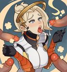  blonde_hair bukkake cum cum_on_body cum_on_upper_body facial highres mechanical_halo mercy_(overwatch) multiple_penises open_mouth overwatch penis solo_focus splashbrush tongue tongue_out uncensored 