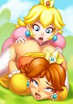  ahegao ass blonde_hair blue_eyes brown_hair crown cunnilingus dress gloves mario_(series) multiple_girls nintendo princess_daisy princess_peach r_ex rolling_eyes super_mario_bros. super_mario_land tongue_out yuri 