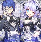  1girl ;d argyle argyle_background black_bow blue_eyes blue_hair bow bowtie butler character_name ciel_(elsword) cravat elsword expressionless formal frills gloves grey_background hair_bow long_hair looking_at_viewer luciela_r._sourcream maid maid_headdress monocle one_eye_closed open_mouth pika_(kai9464) pointy_ears smile suit upper_body watermark web_address white_gloves white_hair 