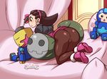  ass bed blush bolero brown_hair cameltoe capcom earrings eyes_closed flipped_hair gloves green_eyes hairband jewelry kibazoku kobun open_mouth pantyhose pillow rockman rockman_dash screwdriver shiny shiny_clothes shiny_hair stuffed_toy tron_bonne wrench 