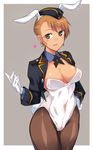  :d animal_ears bangs black_legwear blazer blush brave_witches breasts brown_eyes brown_hair bunny_ears bunny_tail bunnysuit buttons cleavage covered_navel cowboy_shot crop_top earrings em eyebrows eyebrows_visible_through_hair fake_animal_ears fake_tail garrison_cap gloves grey_background hand_on_hip hand_up hat heart jacket jewelry legs_together leotard long_sleeves looking_at_viewer medium_breasts military military_hat military_uniform necktie open_blazer open_clothes open_jacket open_mouth outside_border pantyhose short_hair sideboob simple_background skin_tight smile solo spoken_heart standing strapless strapless_leotard stud_earrings tail tan uniform waltrud_krupinski white_gloves white_leotard world_witches_series 