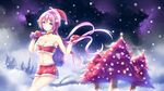  bell breasts choker christmas cleavage gloves hat long_hair original purple_eyes purple_hair santa_costume santa_hat snow tree wsman 