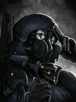  androth broken_glass cloak fingerless_gloves gas_mask glass gloves green_eyes gun hood hooded_cloak looking_at_viewer m1903_springfield original oxygen_mask rifle salute scar scar_across_eye scarf shoulder_pads simple_background snow solo two-finger_salute weapon 
