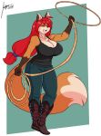  ann_gustave anthro big_breasts boots breasts canid canine cleavage clothed clothing eyes_closed female footwear fox hair hi_res j-wink jeans las_lindas lasso long_hair mammal open_mouth pants prime_(las_lindas) red_fox red_hair rope signature simple_background smile solo webcomic 