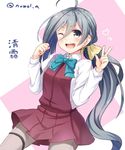  ;d ahoge blue_bow blue_neckwear blush bow bowtie character_name clenched_hand commentary_request cowboy_shot grey_eyes grey_legwear hair_between_eyes hair_bow heart kantai_collection kiyoshimo_(kantai_collection) long_hair long_sleeves looking_at_viewer noe_noel one_eye_closed open_mouth pantyhose ponytail red_skirt shirt silver_hair skirt skirt_set smile solo standing thighband_pantyhose twitter_username v very_long_hair white_shirt yellow_bow 