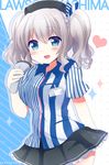 :d barcode_scanner blue_eyes character_name employee_uniform hat kantai_collection kashima_(kantai_collection) lawson long_hair mikurun open_mouth shirt silver_hair smile solo striped striped_shirt twintails uniform 