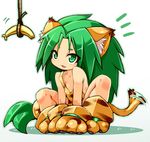  animal_ears animal_print banana bare_shoulders cat_ears cham_cham food fruit gloves green_eyes green_hair karukan_(monjya) long_hair paw_gloves paw_shoes paws samurai_spirits shoes snk solo squatting tail tail_wagging tiger_print very_long_hair 