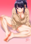 bad_id bad_pixiv_id barefoot black_hair blush breasts cleavage clothes_tug feet huge_breasts k.ty_(amejin) long_hair looking_at_viewer naked_sweater original purple_eyes sitting sleeves_past_wrists smile solo spread_legs sweater sweater_tug 