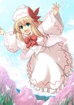  aqua_eyes blonde_hair blue_sky bow bowtie capelet cherry_blossoms cloud cross_(crossryou) day dress fairy fairy_wings flying hat hat_bow lily_white long_hair long_sleeves outstretched_arms petals sky solo touhou tree white_dress wide_sleeves wings 