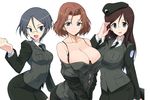  azumi_(girls_und_panzer) blue_eyes bra breasts brown_hair commentary_request emblem girls_und_panzer grey_hair harukon_(halcon) hat highres huge_breasts japanese_tankery_league_(emblem) large_breasts long_hair megumi_(girls_und_panzer) military military_uniform multiple_girls rumi_(girls_und_panzer) selection_university_(emblem) selection_university_military_uniform short_hair underwear uniform 