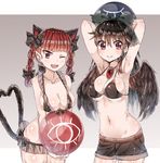  ;3 ;d animal_ears arched_back armpits arms_behind_head bad_id bad_pixiv_id ball bikini bird_wings black_bikini black_bow black_wings bow braid breasts cat_ears cat_tail collarbone extra_ears eyebrows_visible_through_hair fang frilled_bikini frills gradient gradient_background green_bow hair_bow heart heart_tail highres holding holding_ball kaenbyou_rin looking_at_viewer medium_breasts multiple_girls multiple_tails navel nekomata one_eye_closed open_mouth pointy_ears re-ka red_eyes red_hair reiuji_utsuho shiny shiny_hair short_shorts shorts skindentation slit_pupils smile swimsuit tail tareme third_eye touhou tsurime twin_braids v_arms wings 