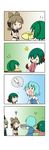  4koma 5girls :d ? absurdres animal_ears blonde_hair blue_hair bucket chibi comic dress earmuffs floppy_ears flying_sweatdrops green_dress green_hair hair_bobbles hair_ornament hat hat_ribbon highres in_bucket in_container kasodani_kyouko kisume multiple_girls open_mouth plate_stack pointy_hair puffy_sleeves pulling_back rakugaki-biyori ribbon shirt silent_comic skirt sleeveless sleeveless_shirt smile soga_no_tojiko sweat sweatdrop tail tatara_kogasa teruterubouzu touhou toyosatomimi_no_miko twintails vest wooden_bucket 