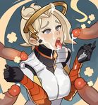  blonde_hair bukkake cum cum_on_body cum_on_upper_body facial highres mechanical_halo mercy_(overwatch) multiple_penises open_mouth overwatch penis solo_focus splashbrush tongue tongue_out uncensored 