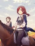  bird cloud day gloves highres horse horseback_riding huanxiang_heitu looking_at_viewer love_live! love_live!_school_idol_project multiple_girls nishikino_maki open_mouth ponytail purple_eyes red_hair riding short_hair sky sword weapon 