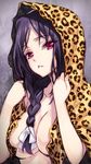 animal_print bad_id bad_pixiv_id bow braid breasts cleavage collarbone hair_bow hair_over_shoulder head_tilt highres hood jaguar large_breasts long_hair looking_at_viewer matsuryuu parted_lips pink_eyes purple_background purple_hair simple_background single_braid solo upper_body white_bow 