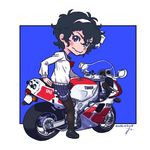  amano_onsa bakuon!! black_hair chibi curly_hair ground_vehicle hairband hirasawa_you looking_back motor_vehicle motorcycle pantyhose purple_eyes school_uniform short_hair skirt smile solo wavy_mouth yamaha 