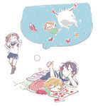  3girls akebono_(kantai_collection) animal bandaid bandaid_on_face black_legwear blanket blue_skirt blush_stickers book closed_eyes comic crab crustacean double_thumbs_up dreaming drooling flower hair_bobbles hair_flower hair_ornament hand_on_own_cheek head_rest kantai_collection kneehighs light_brown_hair long_hair long_sleeves looking_back lying multiple_girls oboro_(kantai_collection) on_side on_stomach open_book open_mouth pajamas pet pink_hair pleated_skirt purple_hair sazanami_(kantai_collection) school_uniform serafuku short_hair short_sleeves skirt sleeping smile snow_crab sou_tamae starfish swimsuit thumbs_up twintails underwater younger 