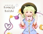  =_= character_name closed_eyes cosplay eyeball flower frills green_hair hat heart heart_of_string komeiji_koishi komeiji_satori komeiji_satori_(cosplay) plug_(feng-yushu) rose short_hair simple_background solo third_eye touhou upper_body white_background yellow_flower yellow_rose 