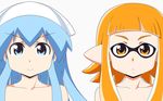  blue_hair collarbone crossover enoya-eno eyebrows hat ikamusume inkling long_hair looking_at_viewer multiple_girls orange_eyes orange_hair pointy_ears shinryaku!_ikamusume simple_background smile splatoon_(series) splatoon_1 upper_body 