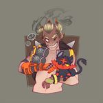  blonde_hair burn cat cottonwings crossover eyebrows fingerless_gloves gloves junkrat_(overwatch) litten_(pokemon) male_focus mechanical_arm one_eye_closed overwatch pokemon pokemon_(game) pokemon_sm shirtless skull smoke thick_eyebrows tire weapon 