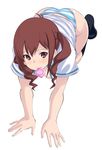  all_fours blush breasts brown_hair condom condom_in_mouth drill_hair hanging_breasts kuromukuro long_hair medium_breasts mouth_hold norakuro_nero ogino_mika open_clothes open_shirt panties purple_eyes school_uniform shirt simple_background solo striped striped_panties twin_drills underwear white_background 