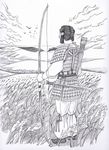  armor arrow artist_request birds bow_(weapon) full_body kofun_period monochrome nature outdoors quiver sheath sky solo sword weapon 