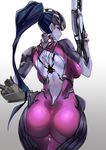  ass bad_id bad_twitter_id bare_back blue_hair bodysuit breasts cameltoe from_behind gradient gradient_background grey_background gun head_mounted_display high_ponytail highres long_hair looking_at_viewer looking_back medium_breasts nuezou overwatch pink_bodysuit ponytail purple_skin rifle solo thigh_gap thighs very_long_hair weapon wide_hips widowmaker_(overwatch) 