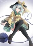  bad_id bad_pixiv_id black_legwear bow convenient_leg green_eyes hat hat_bow heart heart_of_string highres komeiji_koishi long_sleeves looking_at_viewer shiromoru_(yozakura_rety) shirt silver_hair sitting skirt solo thighhighs third_eye touhou wide_sleeves 