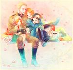  =_= ahoge axis_powers_hetalia blonde_hair blue_eyes boots cat chibitalia_(hetalia) crossdressing dress germany_(hetalia) germany_(nekotalia) heart highres holy_roman_empire_(hetalia) knee_boots male_focus military military_uniform multiple_boys multiple_persona nishiki_koi northern_italy_(hetalia) northern_italy_(nekotalia) open_mouth orange_hair sitting sitting_on_lap sitting_on_person skirt smile time_paradox uniform younger 