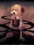  ascot belt black_dress blonde_hair blood blood_on_face bloody_clothes darkness dress hair_ribbon hands namuko open_mouth puffy_short_sleeves puffy_sleeves red_eyes ribbon rumia shirt short_sleeves solo_focus touhou 