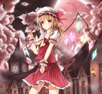  brown_eyes clock clock_tower dress flandre_scarlet hat highres light_brown_hair long_hair looking_at_viewer moon outdoors red_dress red_ribbon ribbon scarlet_devil_mansion smile solo touhou tower wings wsman 