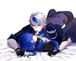  bad_id bad_pixiv_id bed_sheet black_gloves blue_hair ciel_(elsword) cross cross_earrings dreadlord_(elsword) dual_persona earrings elsword gloves jeruka_(otot9181) jewelry long_hair looking_at_viewer male_focus mouth_hold multicolored_hair multiple_boys partly_fingerless_gloves pointy_ears ponytail ribbon ribbon_in_mouth royal_guard_(elsword) streaked_hair two-tone_hair white_background white_hair 
