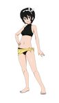  amano_onsa bakuon!! barefoot belly bikini black_hair commentary_request curly_hair green_eyes hair_ornament hairband halter_top halterneck highres midriff navel ribonzu sarong short_hair solo swimsuit toes 