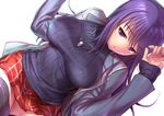  blue_eyes breasts commentary_request large_breasts long_hair malariya ono_misao purple_eyes purple_hair quiz_magic_academy ribbed_sweater solo sweater 
