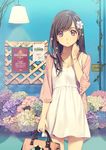  bag bracelet breasts brown_eyes brown_hair collarbone cowboy_shot dress earrings flower flower_earrings hair_flower hair_ornament handbag highres jewelry lamp long_hair looking_at_viewer open_mouth original small_breasts solo standing white_dress yohan12 