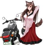  animal_ears breasts brooch brown_hair cleavage collarbone dress fingernails ground_vehicle hand_in_hair highres honda honda_shadow_phantom_750 imaizumi_kagerou jewelry large_breasts long_fingernails long_sleeves looking_away masegohan motor_vehicle motorcycle nail_polish open_mouth red_eyes red_nails simple_background solo tail touhou white_background wide_sleeves wolf_ears wolf_tail 