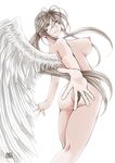  aa_megami-sama angel angel_wings arched_back areolae ass backlighting breasts chiba_shuusaku eyes_closed female nipples nude open_mouth reaching_out sideboob simple_background smile solo white_background wings 