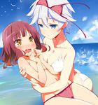  9law anne_happy bare_shoulders bikini bird blue_eyes blush breast_press breasts brown_eyes brown_hair cleavage cloud collarbone day ekoda_ren embarrassed groin hagyuu_hibiki holding leaning_forward medium_breasts multiple_girls open_mouth outdoors ripples silver_hair sky small_breasts swimsuit tears topless wardrobe_malfunction water wavy_mouth white_bikini yuri 