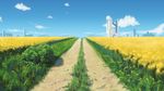  bad_pixiv_id blue_sky building bush cloud day dirt_road fateline_alpha field flower grass highres horizon no_humans original outdoors plant road scenery sky vanishing_point yellow_flower 