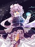  breasts dress energy_ball grey_eyes hat juliet_sleeves large_breasts lavender_hair letty_whiterock long_sleeves looking_at_viewer mob_cap namuko open_mouth puffy_sleeves purple_dress scarf smile solo touhou 