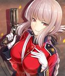  bangs benitsuki_tsubasa between_breasts black_ribbon blunt_bangs braid breasts buttons eyebrows eyebrows_visible_through_hair fate/grand_order fate_(series) florence_nightingale_(fate/grand_order) gloves gun hair_ribbon hand_on_own_chest holding holding_gun holding_weapon large_breasts long_hair looking_at_viewer military military_uniform parted_lips pepper_box_revolver red_eyes ribbon silver_hair single_braid smile solo strap_cleavage teeth uniform upper_body weapon white_gloves 