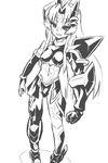  armor bangs breasts detached_sleeves facial_mark gem greyscale horn_ring horns long_hair markings midriff monochrome navel original otoo_(izanagi) pointy_ears small_breasts smile solo white_background 