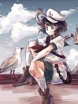  anchor bird black_hair blue_sky chain cloud day dress hat murasa_minamitsu namuko neckerchief sailor_dress sailor_hat seagull shirt shorts sitting sky solo touhou 