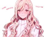  alternate_hairstyle bad_id bad_pixiv_id blonde_hair blush fire_emblem fire_emblem_if flower foleo_(fire_emblem_if) hair_between_eyes hair_down hair_flower hair_ornament happy_birthday long_hair looking_at_viewer male_focus otoko_no_ko red_eyes ribbed_sweater simple_background smile solo sophie_(693432) sweater turtleneck white_background 